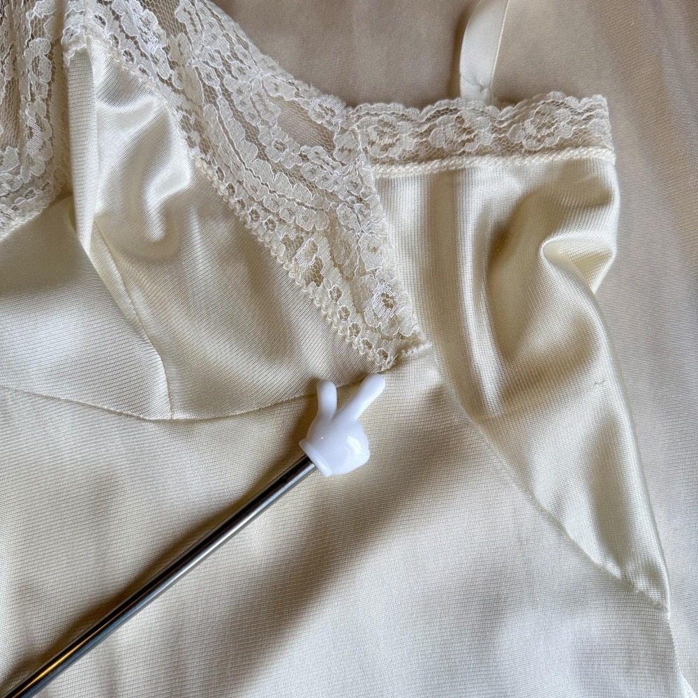 Ivory Satin Slip Nightgown Lace Trim V-Neck Adjustable Straps Lace Hem Coquette - Picture 13 of 14